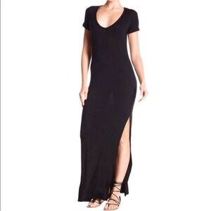 Adrienne Vittadini Black Maxi Dress Large Side Slit Jersey Knit Short Sleeve Y2K